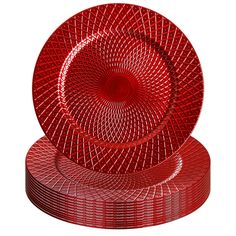 three red plates stacked on top of each other in the shape of a spiral design