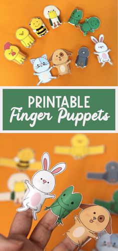 the finger puppets are being held up in front of an orange background with text that reads printable finger puppets