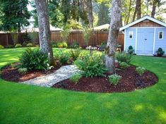 a yard with trees, grass and a shed