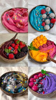 four bowls filled with different types of desserts