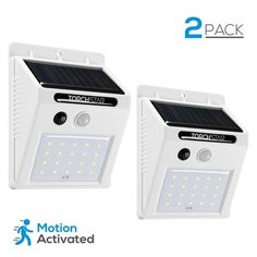 two pack of motion activated solar powered motion sensor lights with motion activated leds on each side