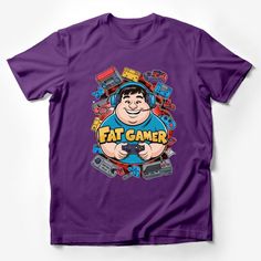 Retro Gaming T-Shirt, Fat Gamer Vintage Tee, Fun 90s Nostalgia Shirt, Colorful Gamer Gift, Classic Console Apparel, Unisex Shirt Male T-Shirt Custom graphic T-Shirt.Customize your color Purple Cartoon Print Top For Streetwear, Casual Purple T-shirt With Cartoon Print, 90s Graphic Print Purple Top, Retro Purple Crew Neck Top, Purple Cartoon Print Fun T-shirt, Retro Purple Tops With Graphic Print, 90s Purple Top With Graphic Print, 90s Style Purple Top With Graphic Print, Purple Retro Tops With Graphic Print