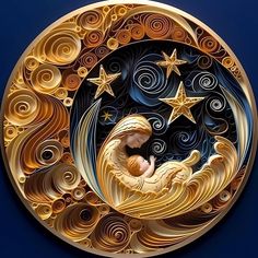 an intricately designed paper art depicting a baby in the moon with stars and swirls