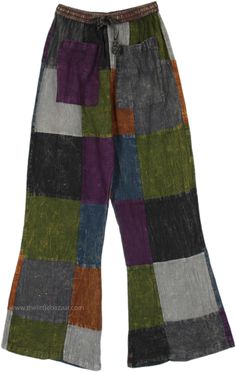 These deep-colored, solid patchwork pants are made from 100% cotton, offering a comfortable and relaxed fit. The pants feature two box pockets in the front, and a unique patchwork design with shades of green, purple, grey, blue, and brown, adding a vibrant and artistic touch to your wardrobe. #tlb #SplitSkirtsPants #Patchwork #bohemianfashion #Handmade #HippiePantswithPockets Green Patchwork Bottoms With Relaxed Fit, Hippie Style Cotton Bottoms With Patchwork, Hippie Cotton Patchwork Bottoms, Hippie Style Patchwork Cotton Bottoms, Purple Cotton Pants With Pockets, Multicolor Patchwork Relaxed Fit Bottoms, Purple Cotton Patchwork Bottoms, Multicolor Cotton Pants With Patch Pockets, Purple Patchwork Cotton Bottoms