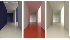 three different colored walls in an empty room with red, white and blue flooring