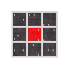 an abstract painting with squares and dots in red, black and grey colors on a white background