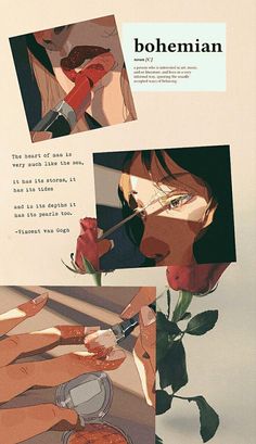 a collage of different images with the words bohemian on them and an image of a woman holding a rose