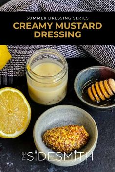 some food is sitting on a table with lemons and other foods in bowls next to it