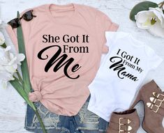 "I Got It From My Mama Shirt, She Got It From Me I Got It From My Mama, Mom and Daughter Shirts, Mother Daughter Shirts For more of our 'Mommy and Me' outfits please click on the link below: https://www.etsy.com/shop/TheSassyBride?ref=hdr_shop_menu&search_query=MAM H O W . T O . O R D E R 1. Select the color and size for both \"UNISEX SHIRT\" and \"BABY/GIRLS\" you would like from the drop down box for each. 2. If you would like a FONT COLOR, other than the one that is shown in the demo phot Matching Mommy Daughter Shirts, Mom And Daughter Shirts, Mother Daughter Shirts, Htv Shirts, Mom And Daughter Matching, Mother Daughter Outfits, Trendy Shirt Designs, Mommy And Me Shirt, Daughters Shirt