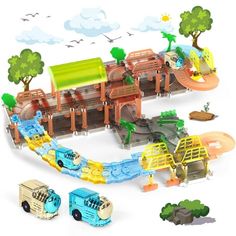 an image of a toy train set with cars