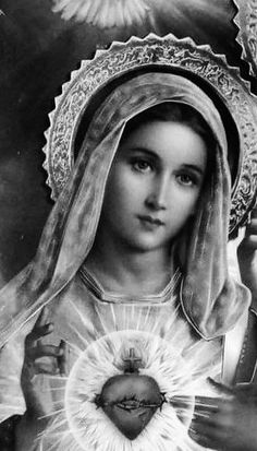 an old black and white photo of the virgin mary holding a dove in her right hand