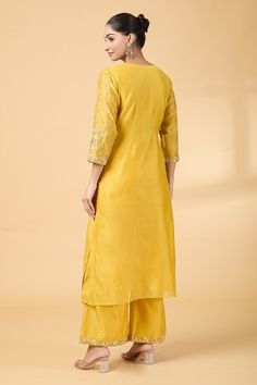 Yellow straight kurta with floral resham thread and sequins embroidery. Paired with coordinating flared pant and dupatta. - Aza Fashions Cotton Silk Palazzo Set With Resham Embroidery For Festivals, Festival Cotton Silk Palazzo Set With Resham Embroidery, Festive Cotton Silk Palazzo Set With Resham Embroidery, Art Silk Palazzo Set With Chikankari Embroidery, Yellow Palazzo Set With Intricate Embroidery For Diwali, Yellow Embroidered Palazzo Set For Diwali, Embroidered Slub Silk Palazzo Set, Art Silk Palazzo Set With Intricate Embroidery, Embroidered Slub Silk Palazzo Set For Navratri