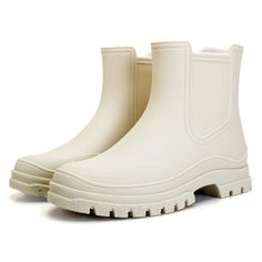 PRICES MAY VARY. Waterproof: These garden boots are waterproof and hard-smudged, durable, quick to rinse, waterproof, they have a thick, deep tread that provides excellent grip on any surface, allowing you to walk boldly on any surface. Material: Our boots are made of flexible, lightweight, crack-proof and non-slip rubber. The sole is a lug tread block heel with elastic panels on both sides for easy on-off for maximum comfort while walking, and plenty of room inside for socks in cold weather. Sc Ugh Rain Boots, White Wellies, White Rain Boots, Stylish Rain Boots, Heel Chelsea Boots, Women's Rain Boots, Garden Boots, Rain Boots Women, Boots Comfortable