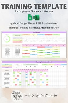 the training template for google sheets and mss excel spreadsheet is shown in this image