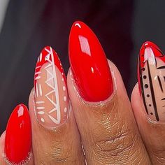 BIG LO the almond slayer on Instagram: "🗿🛖🛕.,  . . #002 gel is unmatched @vbeautypure ❤️ . . #tribalprint #tribal #tribalprintnails #rednails #frenchtip #frenchtips #frenchtipnails #dfwnails #dallasnails #dallasnailtech #dfwnailtech" Mixed Nail Shapes, Almond Gel Nails Fall, French Manicure Designs Almond Shape, Red Nails Dark Skin, Cute Homecoming Nails, Trendy Fall Nails Acrylic, Fun Gel Nails, Line Nail Art