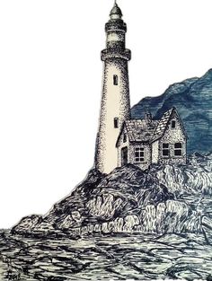 a drawing of a lighthouse on top of a hill