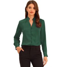 This satin blouse styled in a ruffle neck brings elegance to whatever outfit you're putting together. A neck with ruffled trim and lantern sleeve brings instant elegance to any day or night look. Suitable for Casual, Dating, Office, Work, Formal Occasion and Daily Wear. Perfectly pair it with jeans or a skirt for an elegant look. Modern and elegant, this shirt style with softly satin fabric and a lantern sleeve. There's nothing like a touch of satin to elevate your style, and this blouse also fe Satin Button Down Shirt, Work Formal, Casual Dating, Satin Shirt, Satin Blouse, Lantern Sleeve, Night Looks, Chic Woman, Womens Clothing Sizes