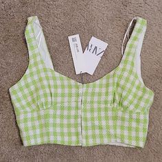 Zara Size L Green And White Gingham Crop Top/Bralette With Front Hook-And-Eye Closure, Brand New With Tags. This Is A Cotton Blend With A Tweed-Type Texture And Fully Lined. Light For Summer Or Great Transitional Fall Style With The Tweed Look!