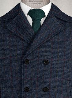 Delivering timeless tweed with a modern flavor opt for our Harris Tweed King Blue Pea Coat that offers a contemporary take on tailored sophistication. Crafted from pure wool, the coat features a strong statement due to its striking checks pattern that adds a traditional vintage look, smooth yet luxurious to feel. Take this blue pea coat to a fresh level that’ll work from days at the office to special occasions in cooler weather. 
 
 Look Includes  Harris Tweed King Blue Fabric  Real Horn Royal B Formal Tweed Outerwear With Double Button Closure, Classic Double-breasted Tweed Outerwear, Tweed Outerwear With Herringbone Pattern And Lapel Collar, Double-breasted Herringbone Business Outerwear, Double-breasted Herringbone Outerwear For Business, Classic Tweed Wool Coat With Notch Lapel, Business Tweed Outerwear With Concealed Placket, Formal Wool Outerwear With Herringbone Pattern, Wool Double-breasted Herringbone Outerwear