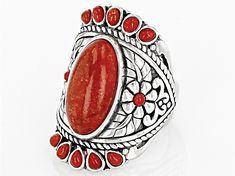 Introducing the Red Coral Multi-Stone Sterling Silver Ring by Southwest Style by JTV™! This exquisite piece features a vibrant red coral stone, accented with multiple delicate stones set in stunning sterling silver. The Oxidized Finishing Technique adds depth and character to this unique ring, making it a true statement accessory. With dimensions of 0.84 inches in length and 1.18 inches in width, this ring is sure to catch everyone's eye. Elevate your style effortlessly with this gorgeous Southw Red Multi-stone Jewelry, Bohemian Red Jewelry With Gemstone Accents, Red Coral Stone, Ring Making, Coral Stone, Southwest Style, Unique Ring, Multi Stone, Red Coral