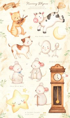 an illustration of various animals and clocks