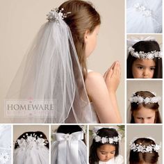 a collage of photos showing different hairstyles and veils with flowers on them