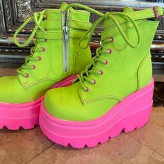 New Demonia Pink/ Lime Green Boots.Size Sticker Fell Off .. Size Measuring Tape Pici Think They Are A Women’s 7 But Can’t Confirm I Wear A 7 And They Fitslight Black Marks From Storage - As Seen In Pics Neon Pink Boots, Demonia Cubby 311, Demonia Boots Pink, Demonia Boots Green, Demonia Stack 201, Gothic Angel, Demonia Shoes, Green Boots, Moto Boots