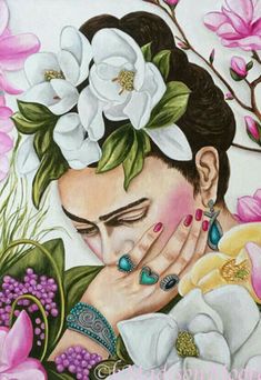 a painting of a woman with flowers on her head and hands over her face, surrounded by pink and white flowers