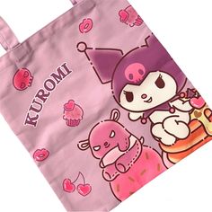 This Is A New With Tag Tote Bag Featuring Sanrio Character Kuromi. The Bag Is Slim, Making It Ideal For Carrying Around Daily Essentials, Such As Books, Snacks, Or A Tablet. The Bag Measures Approx. 14.5” X 16” And Has 2 Shoulder Straps. The Print Design Is On One Side. Harajuku Style Purple School Bag, Large Capacity Pink Kawaii Bag, Pink Kawaii Bags For Daily Use, Harajuku Style Purple Rectangular Bag, Kawaii Pink Shoulder Bag For Everyday Use, Pink Kawaii Bags For Everyday, Pink Kawaii Shoulder Bag For Everyday, Everyday Kawaii Pink Shoulder Bag, Pink Kawaii Everyday Shoulder Bag