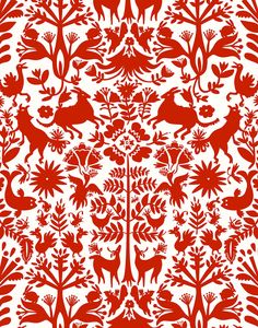 an orange and white wallpaper with red flowers, deers and plants on it