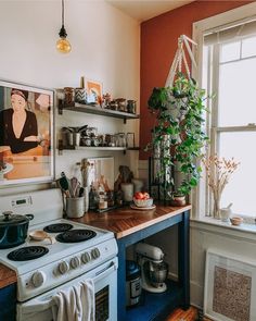 the kitchen is clean and ready for us to use it's natural wood counter tops