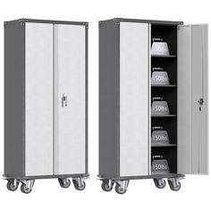 two metal storage cabinets with wheels on each side, one is open and the other closed