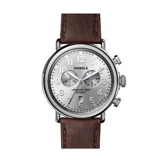 Shinola Runwell Chrono 47mm, Silver Dial Classic Leather Watches With Round Case, Classic Brown Watch With Round Case, Classic Leather Watches, Classic Watches With Leather Strap And Round Case, Classic Silver Leather Watch Bands, Classic Silver Leather Watch Accessories, Classic Leather Chronograph Watch As Gift, Classic Silver Chronograph Watch, Silver Timeless Chronograph Watch With Leather Strap