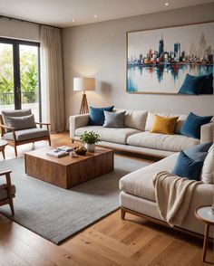 a living room filled with furniture and a painting on the wall above it's windows