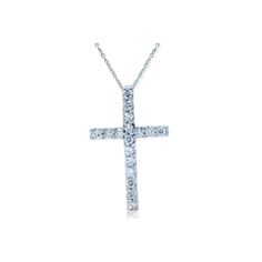 This classic women's cross pendant features 17 round cut natural diamonds. All diamonds are prong set in solid 14k white gold. An 18" 14k white gold clasp lock chain is included. Color: gold/white. Gender: female. Age Group: adult. Cross-shaped Diamond Necklace With Single Cut Diamonds, Classic Vvs Clarity Diamond Cross Pendant Necklace, Classic Diamond Cut Cross Necklace, Classic Diamond Cross Necklace For Formal Occasions, Diamond Cross Necklace With Prong Setting, Classic Brilliant Cut Diamond Cross Pendant Necklace, Classic Diamond Necklace With Brilliant Cut Cross Pendant, Classic Diamond White Cross Necklace, Classic Diamond Cut Cross Pendant Necklace