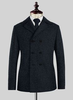 Truly unique, rough and rugged, our Harris Tweed Dark Blue Herringbone Pea Coat is luxurious and distinctive, unlike any other jacket. Crafted from pure wool, the Harris Tweed coat is an essential investment for the modern gentleman that will exude contemporary yet timeless tailored style.   Look Includes  Harris Tweed Dark Blue Herringbone Fabric  Horn Royal Black Buttons  Side Pockets   You can change the look by changing the options.  Lining: 100% Viscose, Dry Clean. Grey Tweed Suit, Herringbone Tweed Jacket, White Linen Suit, Green Velvet Jacket, Peaky Blinders Suit, Royal Blue Suit, Tailored Style, Herringbone Fabric, Blue Chinos