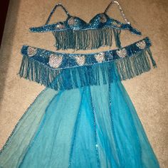 two pieces of blue dress with sequins and beads