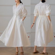 Cool and comfortable for hot summer days, this white linen dress is elegant and stylish.    It is a wonderful wardrobe staple that's a timeless classic you'll wear again and again.Linen materials, comfortable, breathable, refreshing and soft fabric. All our items are Tailored and Handmade and Made to Order ,I can make Any Size . I design new styles every week, please collect my store. I believe that you will meet your favorite styles. ★★FEATURES Linen 55% + Cotton 45% ( Medium Weight，Comfortable, Breathable and Washed Soft fabric) Two side pockets Half sleeve Pleated waist details Front button closure Back elastic waist Shirt dress White dress Maxi linen dress Casual linen dress Long linen dress Plus size dress Simple dress Perfect for Summer, Spring ★★ Bespoke Order Service If you Request Chic White A-line Linen Dress, Elegant Solid Color Summer Shirt Dress, White Long Sleeve Midi Dress For Summer, Elegant Cotton Shirt Dress, Elegant Solid Color Shirt Dress For Beach, Elegant Solid Shirt Dress For Beach, Knee-length White Cotton Shirt Dress, White Chic Shirt Dress For Summer, Chic White Summer Shirt Dress