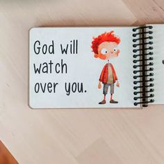 a notebook with an image of a red haired boy on it and the words god will watch over you