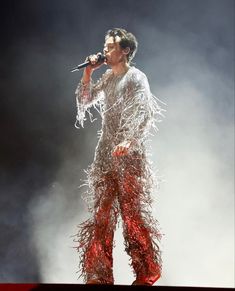 the singer is dressed in silver and red feathers