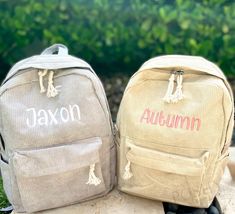 "Corduroy Backpack:  These are not only very stylish kids backpacks but functional too. These are made of a soft corduroy material that is also durable enough for everyday use. These are great for school, travel, diaper bag and so much more. You can choose to personalized these adorable backpacks.  Size :17\" x12\" x6\" Closure: Zipper Lining: Polyester Pockets: one zippered front and 2 side bottle pockets. To purchase: Drop down options-  BAG Color 1)select to personalize OR not 2)font style Pe Casual Corduroy School Backpack, Back To School Corduroy Backpack For Daily Use, Corduroy Backpack For Daily Use And Back To School, Corduroy Travel Bag For Back To School, Back To School Corduroy Backpack, Corduroy Backpack For Back To School, Back To School Corduroy Bags, Corduroy Standard Backpack For Back To School, Corduroy Backpack