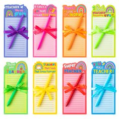 six colorful notepads with bows and rainbow writing paper on them, each one has a