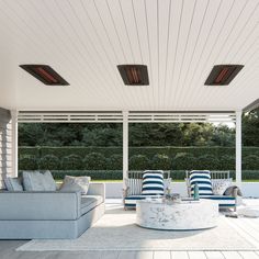 an outdoor living area next to a swimming pool