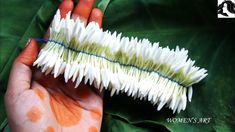 a hand holding a white and orange caterpillar on top of a green leaf