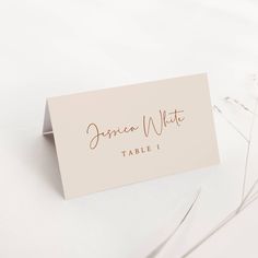 a place card sitting on top of a table next to some dried flowers and grass