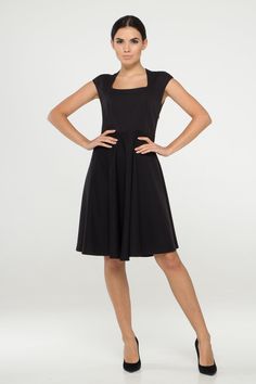 "A viscose midi dress featuring a square neckline, cap sleeves, concealed side zip, and a fit and flare silhouette. - Fit and flare silhouette - Square neckline - Cap sleeves - Knee length (midi) - Concealed side zipper. - Color: Black - Partly lined (top) Fiber: viscose - 60%, elastan - 5%, polyester - 35%,lining - 95% viscose, 5 % elastane. Estimated shipping time: 10-12 business days You may feel free choosing the size. Just send us your measurements (bust, waist, hips, height). We will defin Fitted A-line Midi Dress With Box Pleat, Cap Sleeve Midi Dress For Summer Evening, Elegant Cap Sleeve Dress With Flattering Silhouette, Chic Cap Sleeve Midi Dress For Party, Spring Evening Midi Dress With Cap Sleeves, Summer Evening Midi Dress With Cap Sleeves, Evening Midi Dress With Box Pleat, Black A-line Midi Dress With Fitted Bodice, Knee-length Pleated Bodice Midi Dress