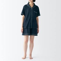 Women's Wearable Piled Towel Short Sleeve Pajamas | MUJI USA Pajamas, Organic Cotton, Navy