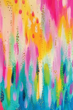 an abstract painting with lots of colors and dots on the paint drips in different directions