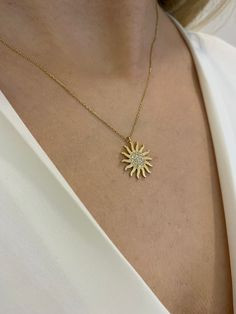 "ABOUT PRODUCT This 14k Gold Sun Necklace is beautifully designed and hand crafted with our associates to make this a special gift for your loved ones. Knowing the value of our customers, We prepare each piece with extra care and attention.  ITEM DETAILS Material: 14K Gold Approx:  2.50 gram Available colors: Gold, Rose Gold, White Gold Available Sizes: 14\" to 20\" ✪ 14k Solid Gold ( Certification will be included with your order ) ✪Available 14K White, Yellow, Rose Gold (also in 10, 18K) 🛠 Ya Yellow Gold Celestial Jewelry With Single Cut Diamonds, Celestial Pendant Jewelry With Cubic Zirconia, Celestial Cubic Zirconia Pendant Jewelry, Celestial White Gold Jewelry With Brilliant Cut, Celestial Diamond White Jewelry, Celestial Jewelry In Diamond White 14k Gold, Celestial Cubic Zirconia Jewelry In Diamond White, Celestial 14k Gold Jewelry In Diamond White, Celestial 14k Gold Jewelry With Brilliant Cut