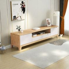 a living room scene with focus on the entertainment center and rug in the foreground